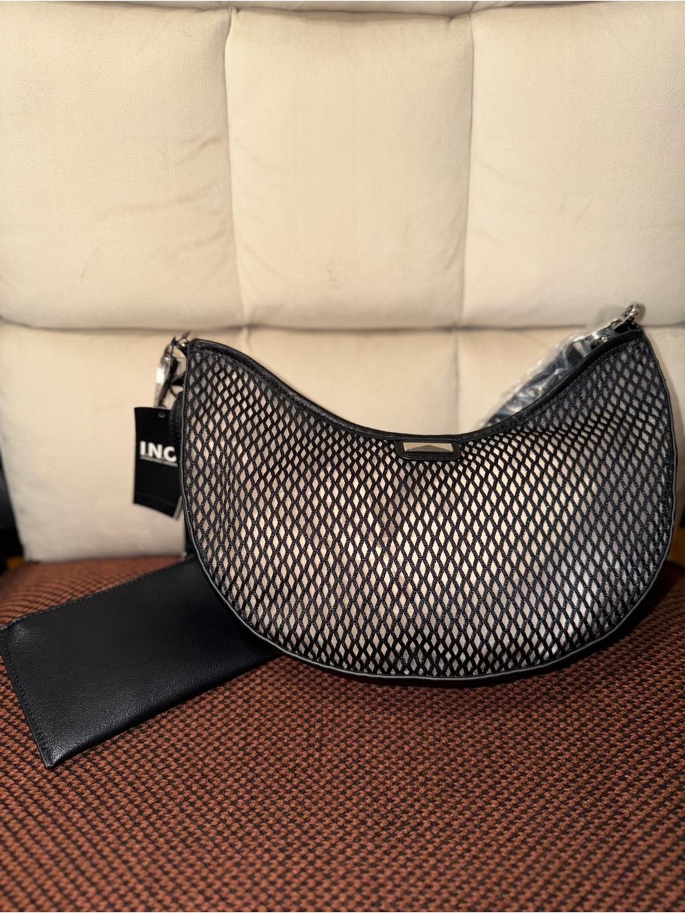INC International Concepts Black Mesh Crescent Shoulder Bag with Matching Pouch